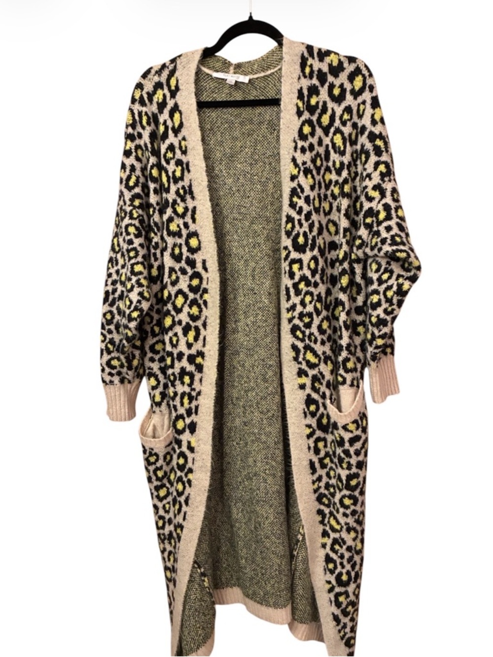 Long Leopard Print Open Cardigan Sweater - Pink, Black & Yellow